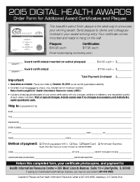 Web Health Awards Certificate Order Form